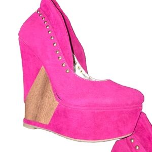 Pink Suede Wedge Heels with Stud Accents